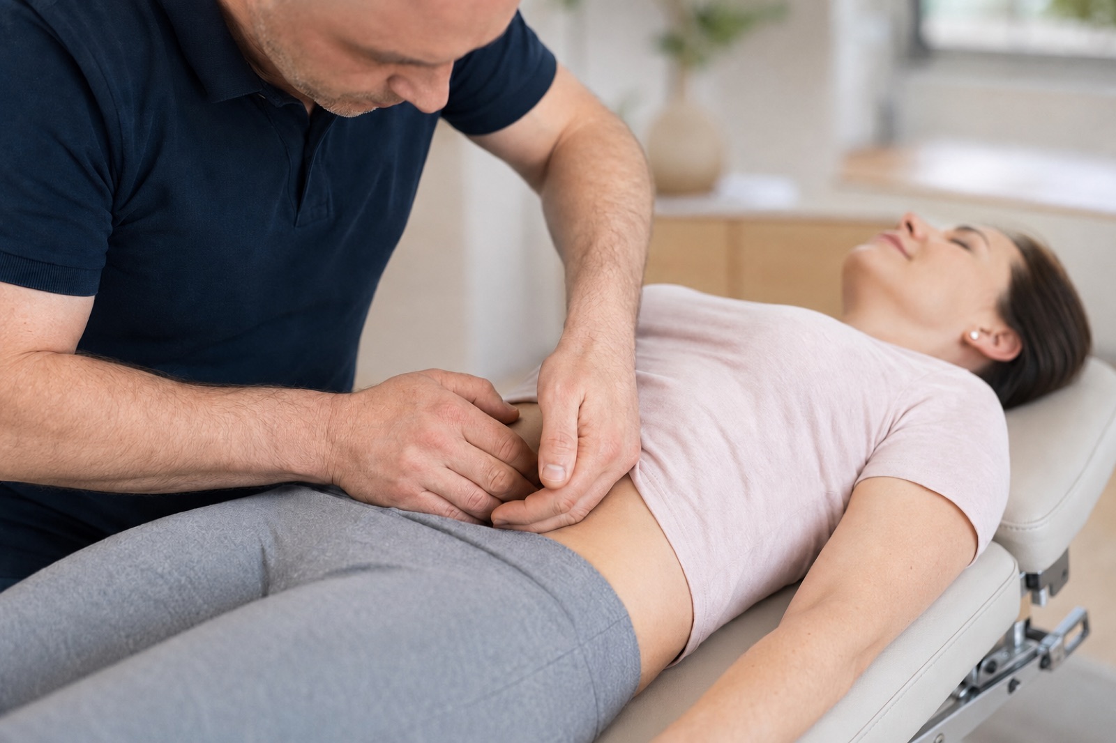 Therapeut untersucht den Unterbauch einer Patientin in der Praxis Wegberg