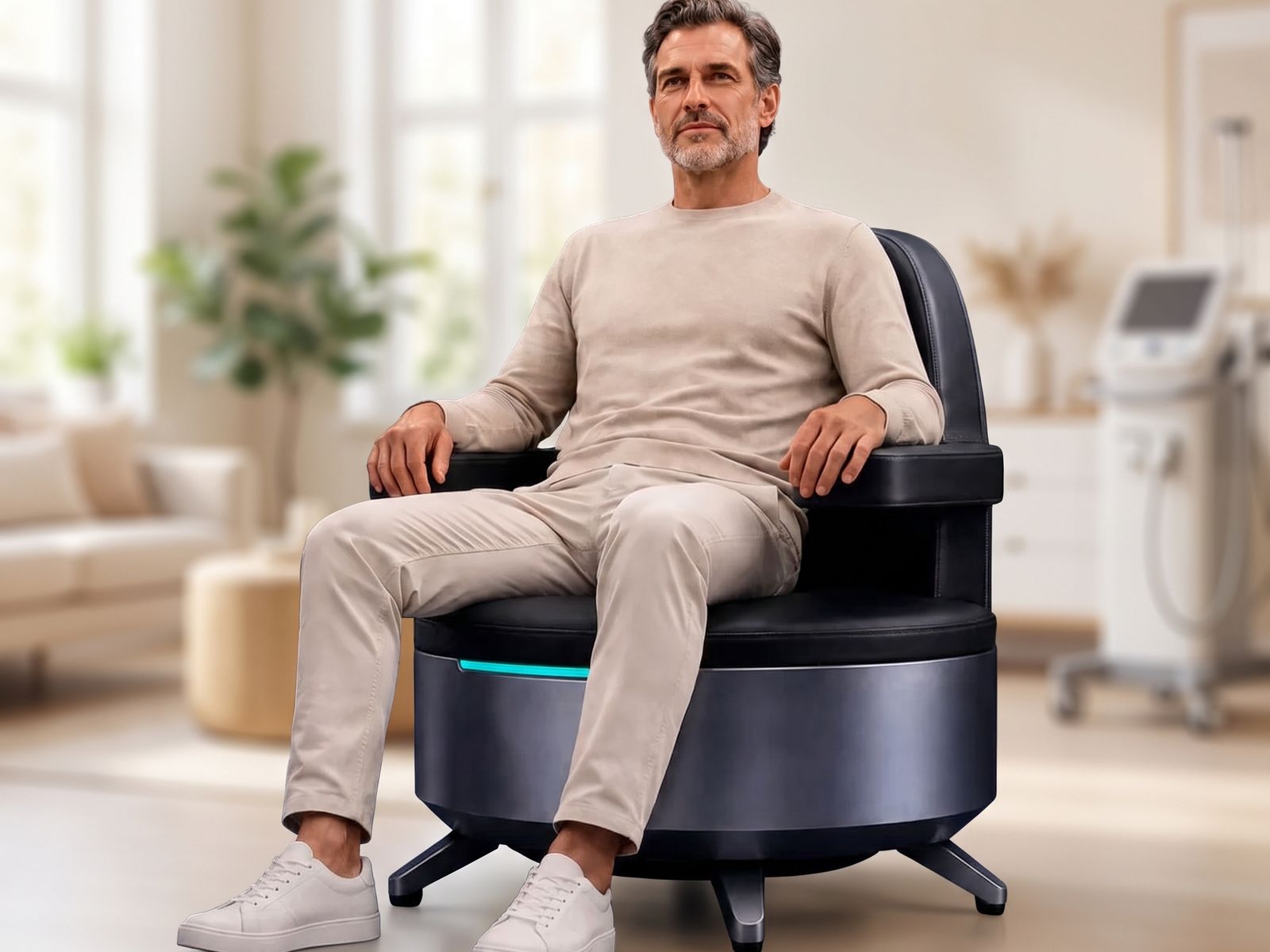 Patient sitzt angezogen auf dem BetterPelvi-Magnetfeldstuhl